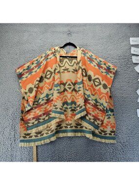 Quagga Hooded Poncho Womens One Size Multicolor Aztec Fringe Acrylic Southwest